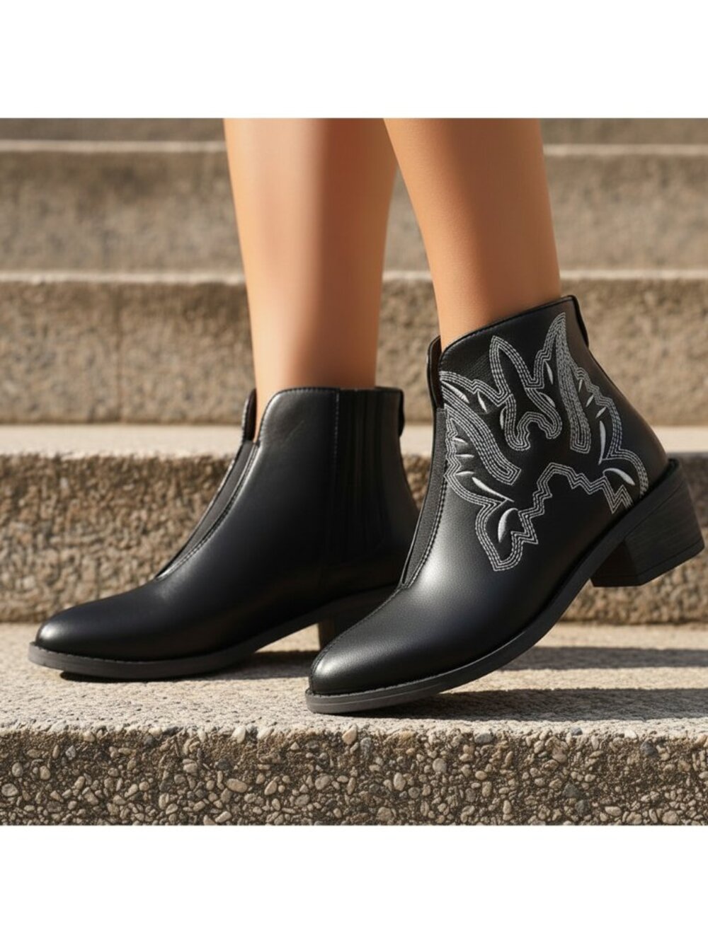 Western Embroidered Elastic Front Pointed Toe Faux Leather Ankle Boots